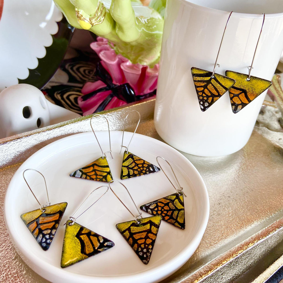 Earrings - Spiderweb Candy Corn - Enamel on Copper