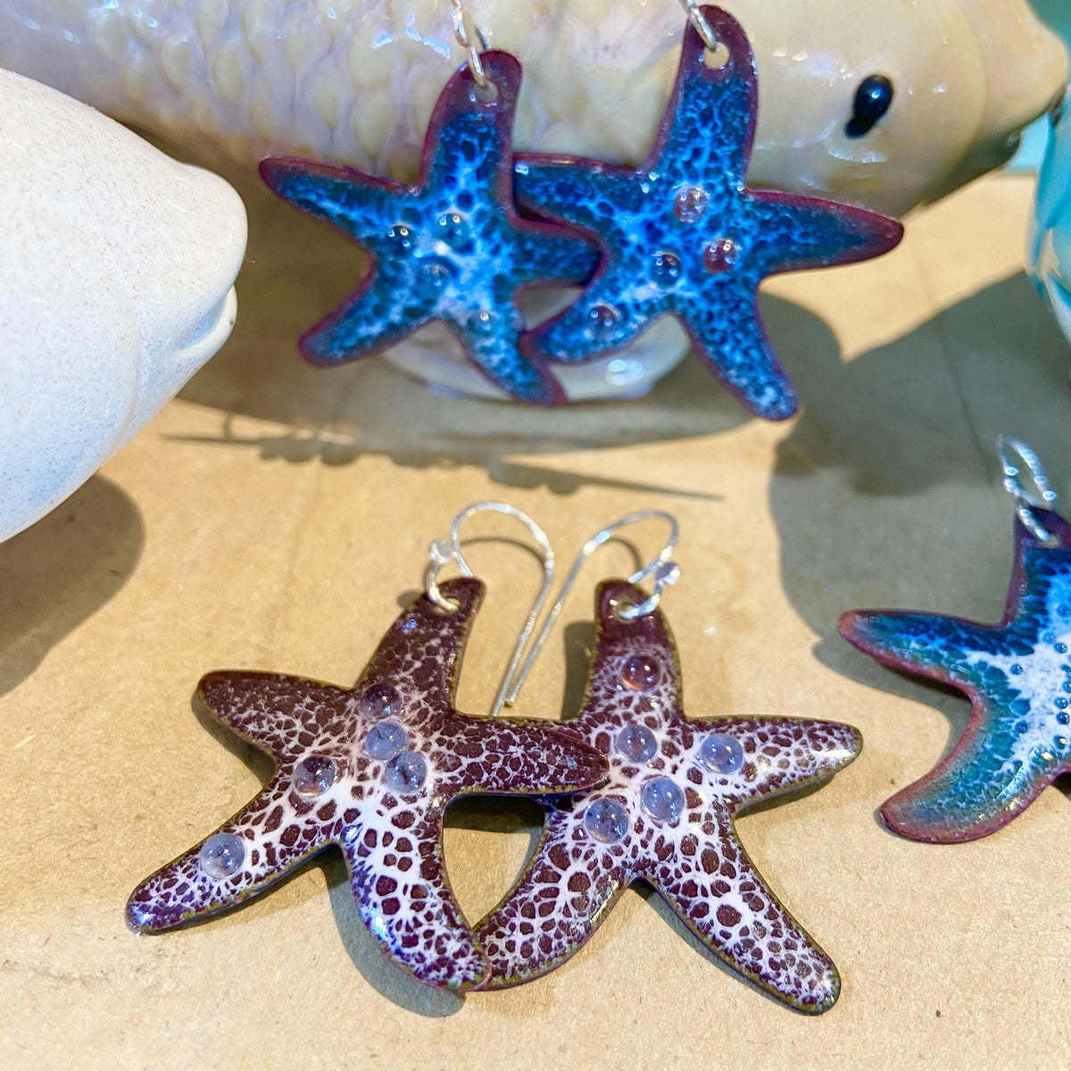 Earrings - Starfish - Enamel & Glass Orbs