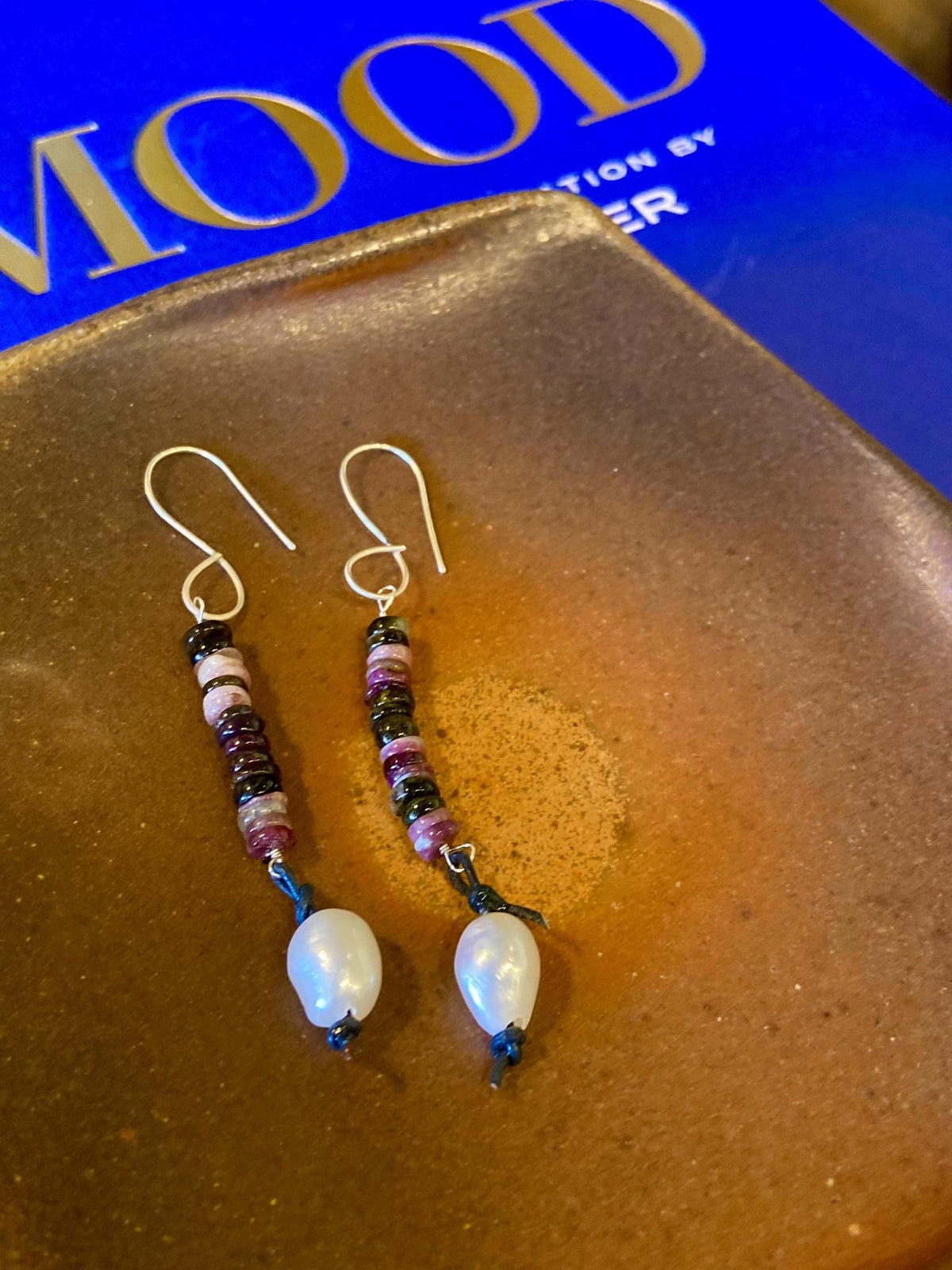 Earrings - Stacked Stones - Sterling/Watermelon Tourmaline/Pearl/Leather