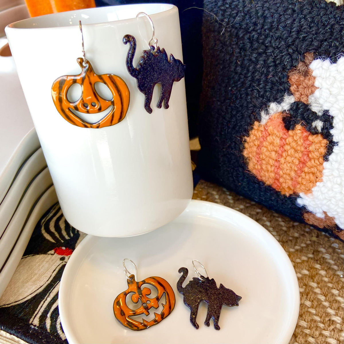 Earrings - Glitter Cat & Pumpkin - Enamel on Copper