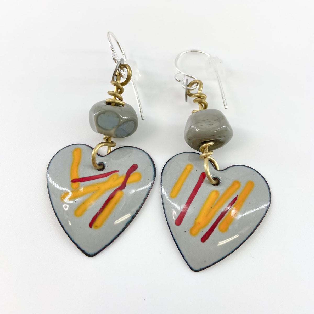 Earrings - Grey Hearts w/ Glass Accent Bead - Enamel (Video)