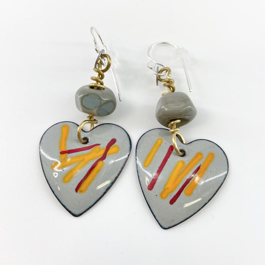 Earrings - Grey Hearts w/ Glass Accent Bead - Enamel (Video)