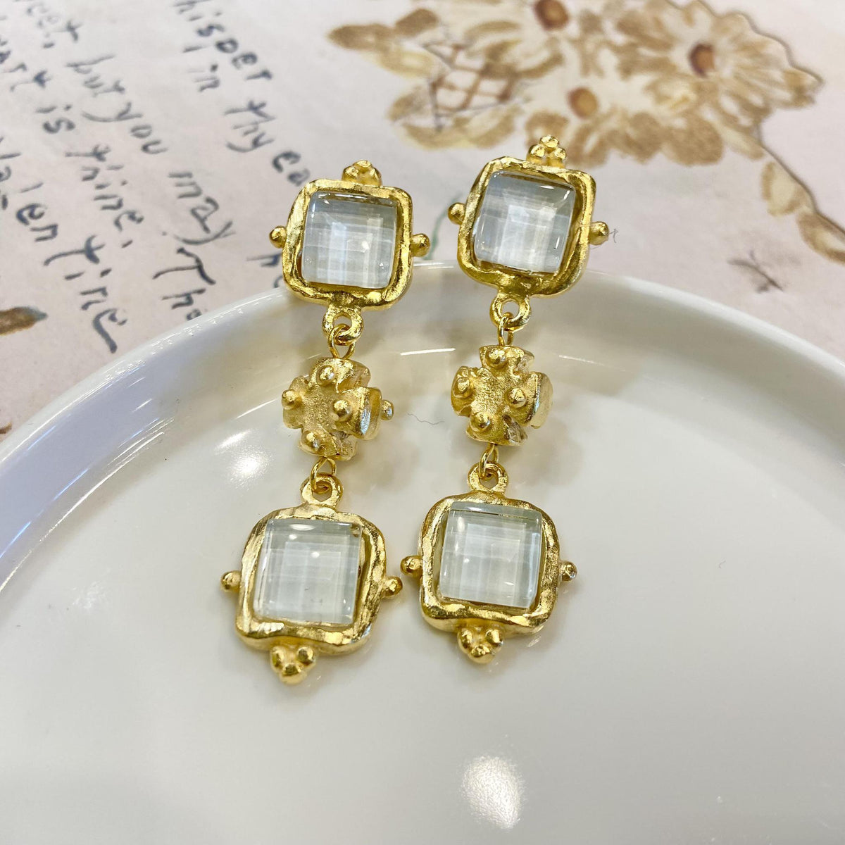 Earrings - French Glass - 14kt Gold Vermeil - White