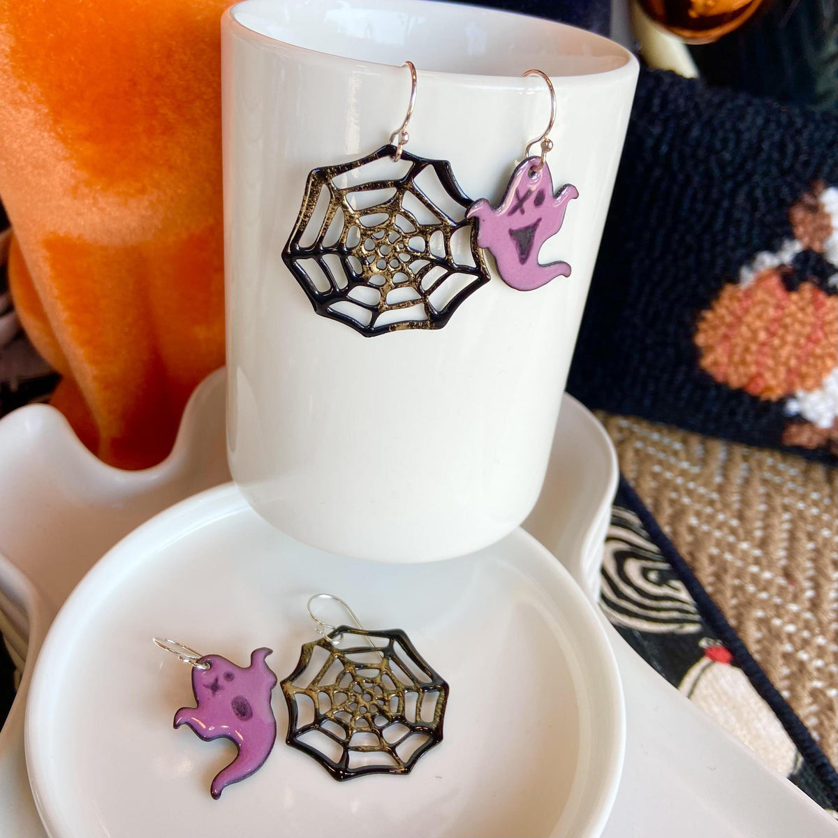 Earrings - Ghost & Web - Enamel on Copper