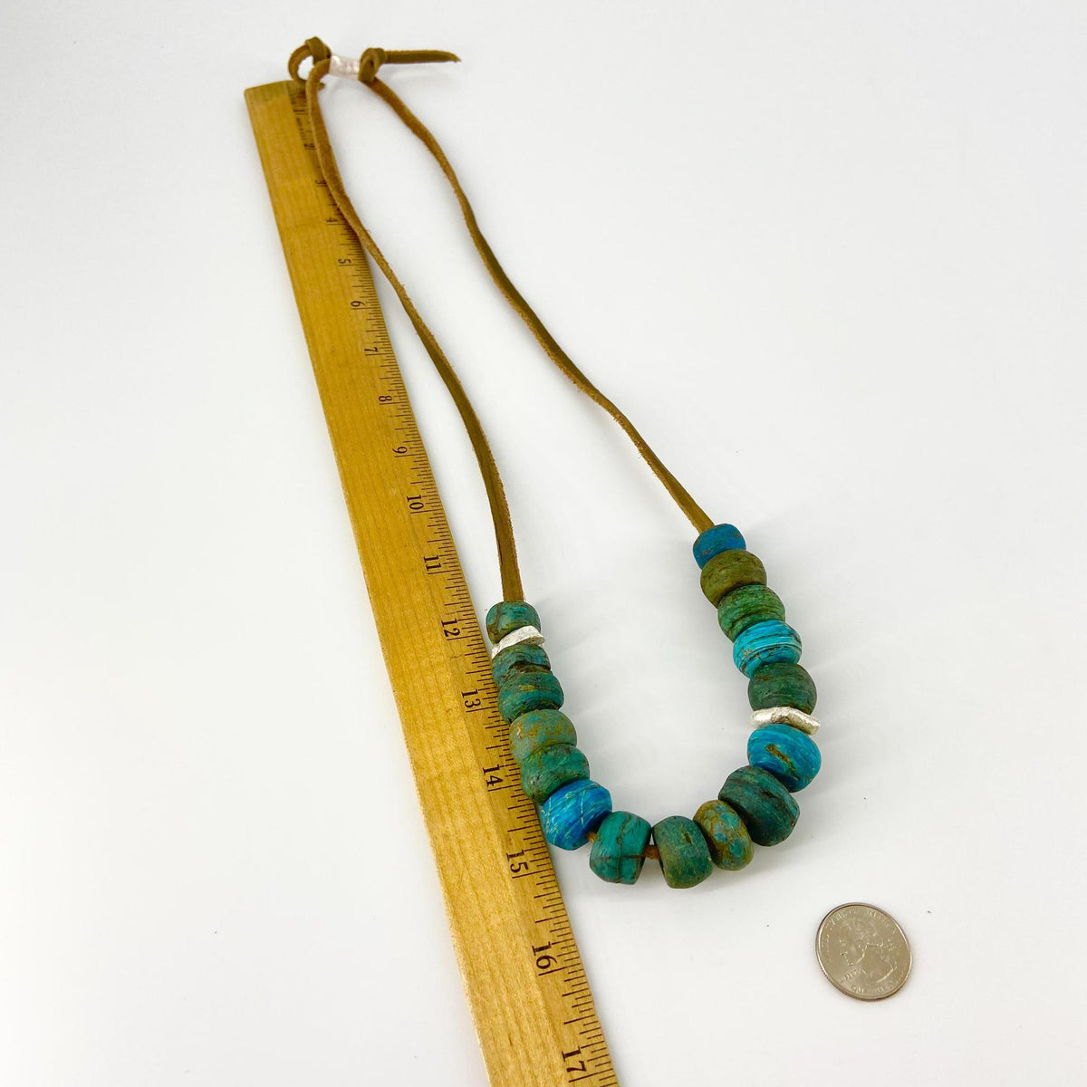 Necklace - 16 Hebron Glass Beads & Sterling Beads on Leather
