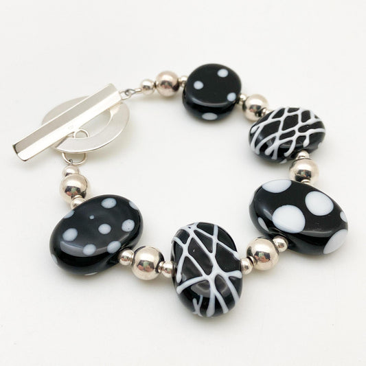 Bracelet - Black and White Flat Glass Beads - Handmade Originals