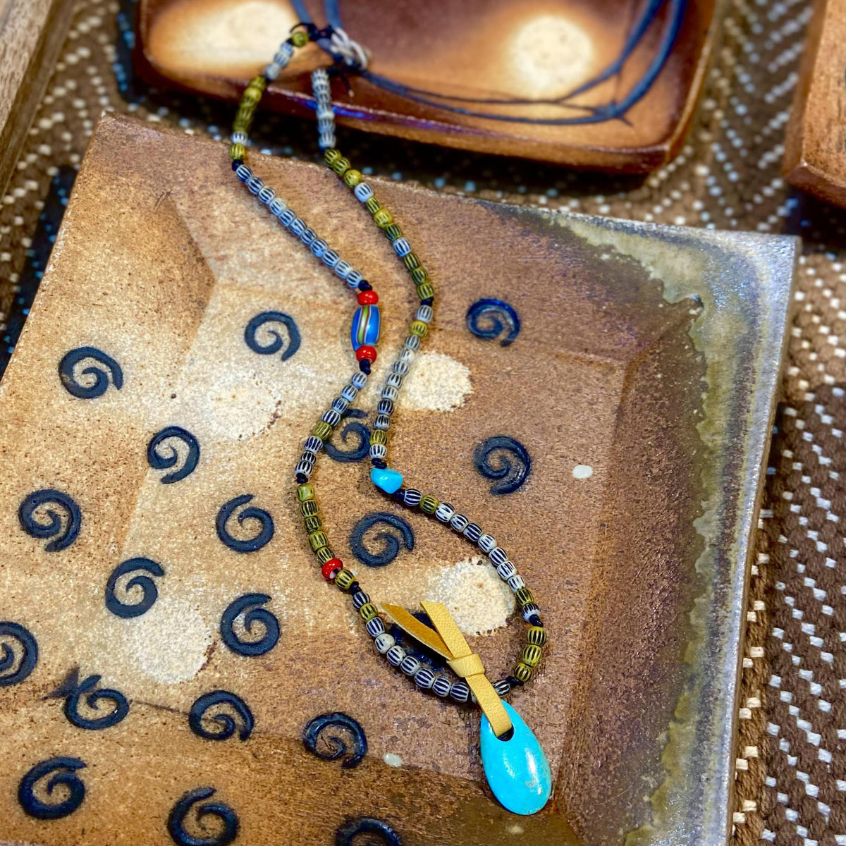 Necklace - Teardrop Turquoise/African Trade Bead/Sterling