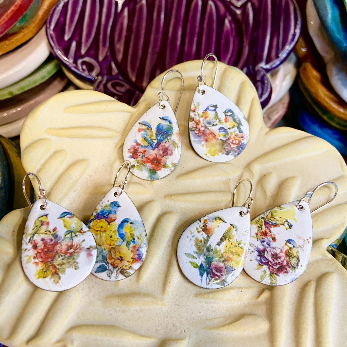 Earrings  - Watercolor Birds & Flowers - Enamel