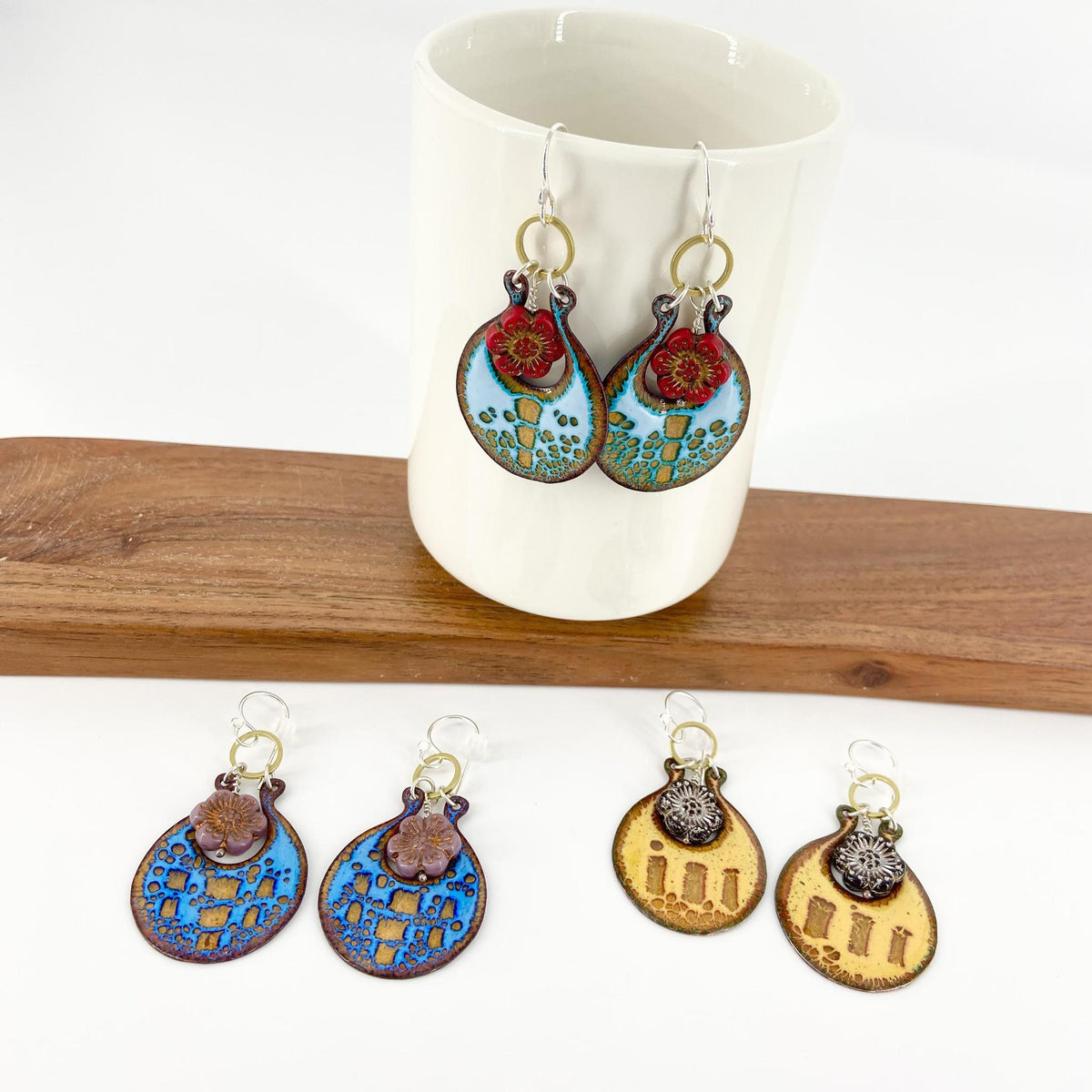 Earrings - Abstract & Czech Bead - Enamel on Copper