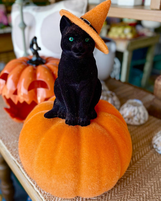 A black cat figurine wearing an orange pointed witch hat sits on top of a large orange pumpkin, with a carved jack-o'-lantern in the background.