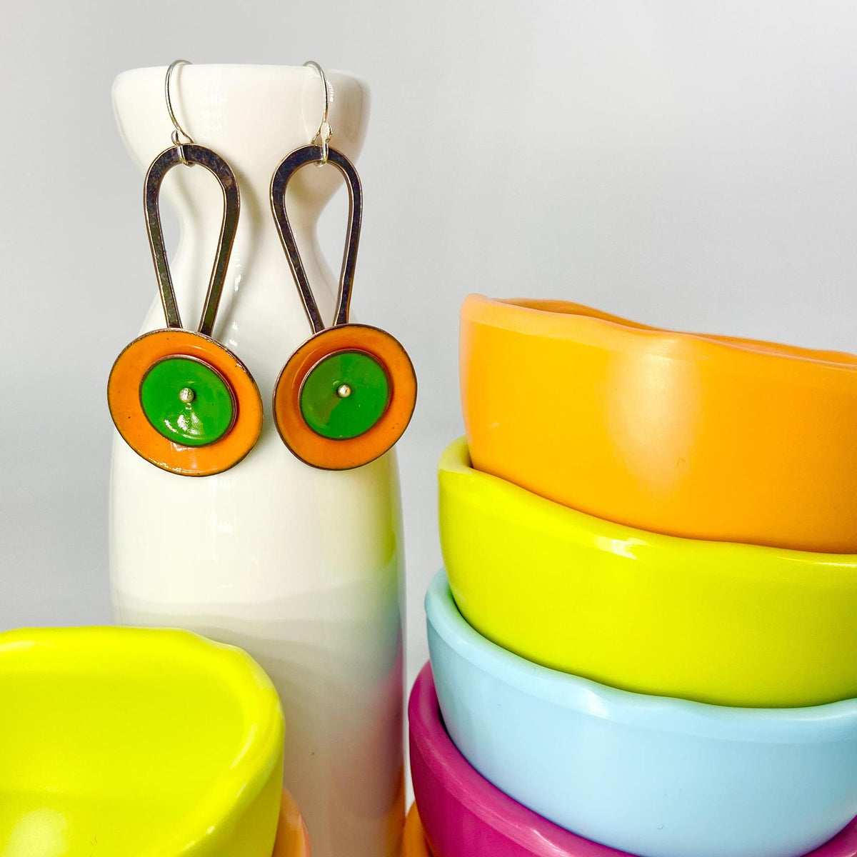 Earrings  - "Spinner" - Enamel on Copper - Orange/Green