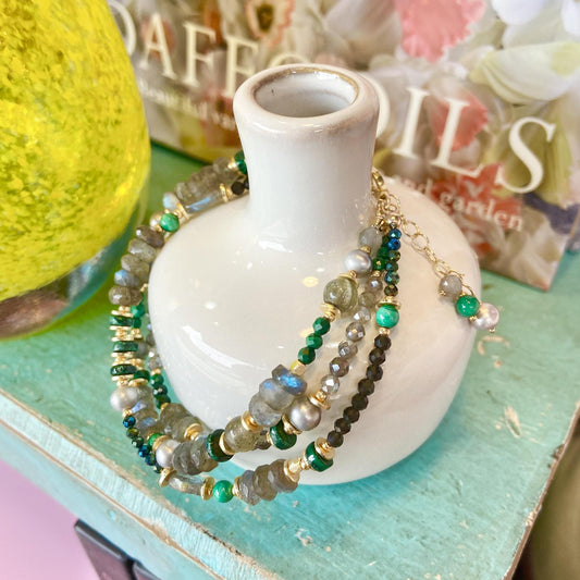 Bracelet - Malachite/Labradorite/Pearl - Gold on Brass