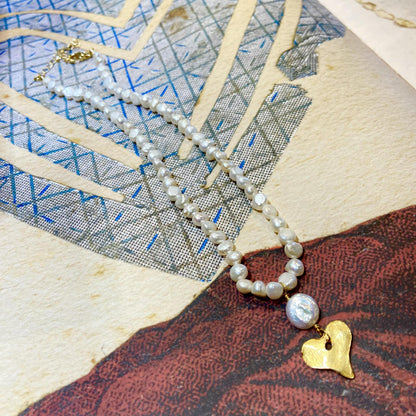 Necklace - Pearl and Dainty Heart - Gold Vermeil