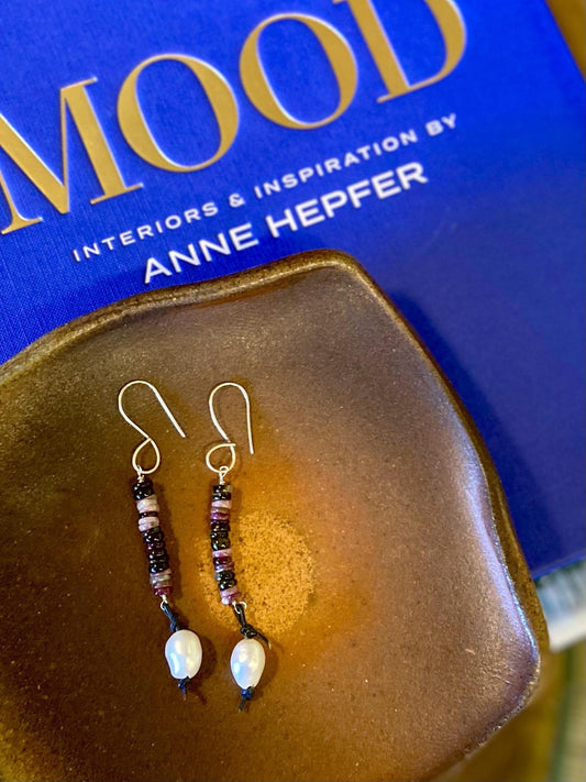 Earrings - Stacked Stones - Sterling/Watermelon Tourmaline/Pearl/Leather