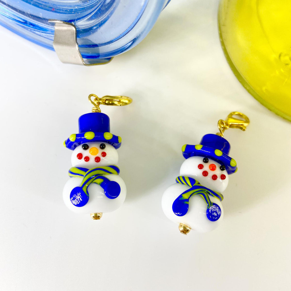 Pendant - Snowperson with Blue Hat - Handmade Glass
