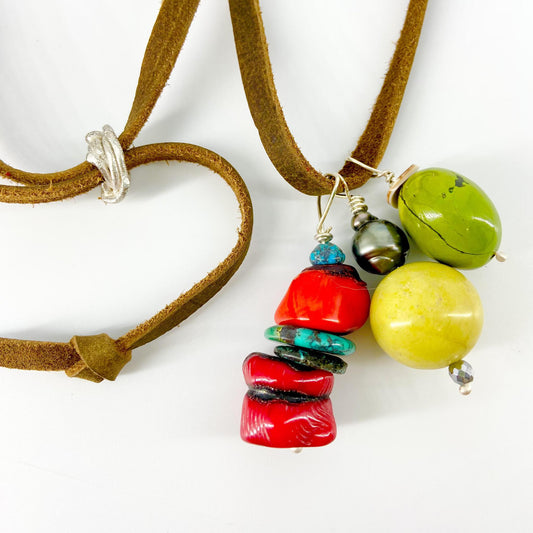 Necklace - Dyed Coral/Turquoise/Pearl/Jasper/Sterling on Leather