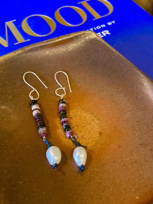 Earrings - Stacked Stones - Sterling/Watermelon Tourmaline/Pearl/Leather