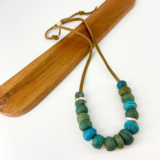Necklace - 16 Hebron Glass Beads & Sterling Beads on Leather