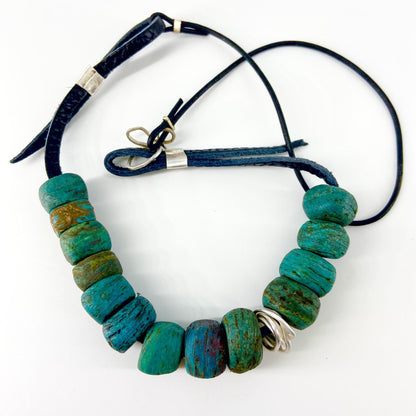 Necklace - 13 Hebron Glass Beads & Sterling Bead on Leather