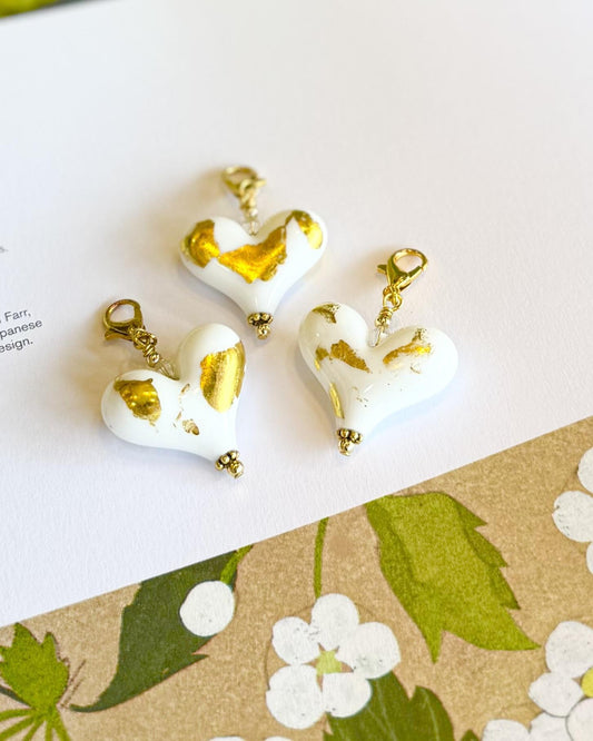 Pendant - White Heart With 18kt Gold Leaf  - Medium - Gold Fill