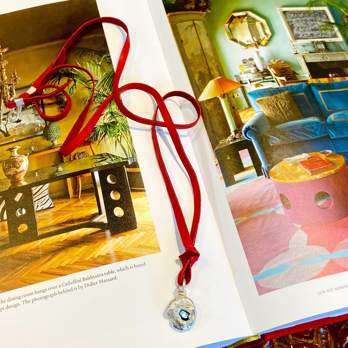 Necklace - Raw Sapphire Set in Molten Sterling Dollops on Leather