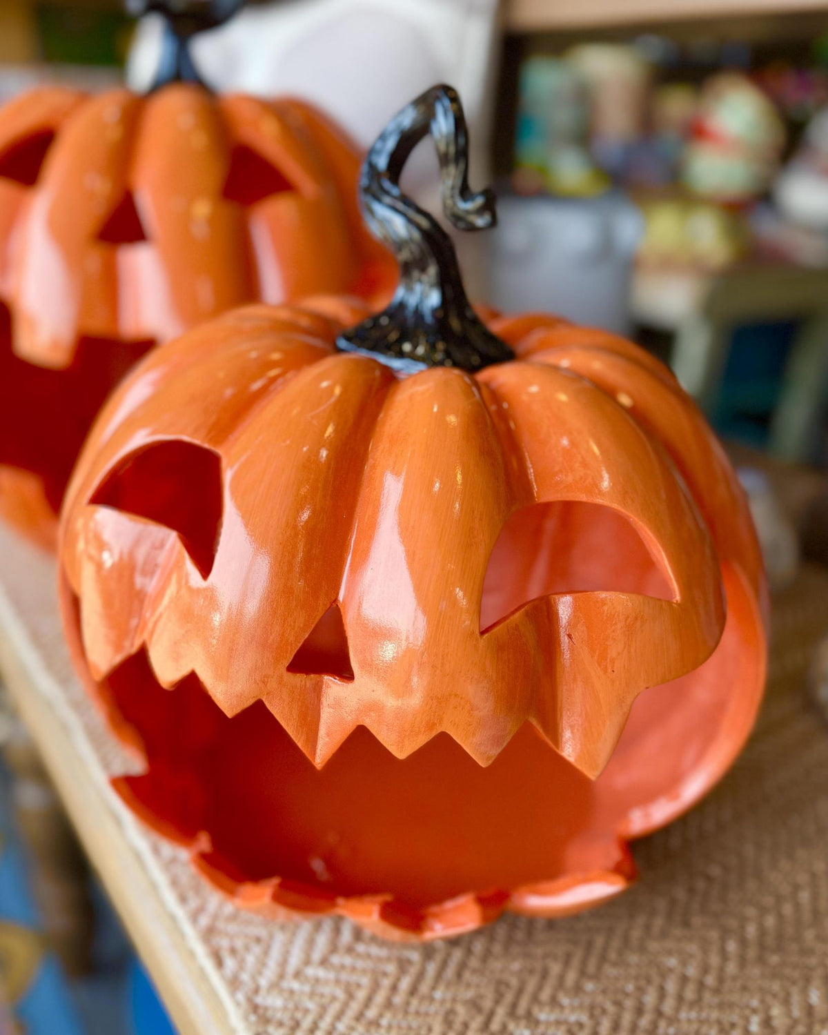 Oversized jack-o’-lantern decoration. With its wide-open grin and wonderfully expressive face, it brings plenty of playful personality to an entryway, mantel, porch, or any spot that could use a cheerful dose of spooky-season charm.
 