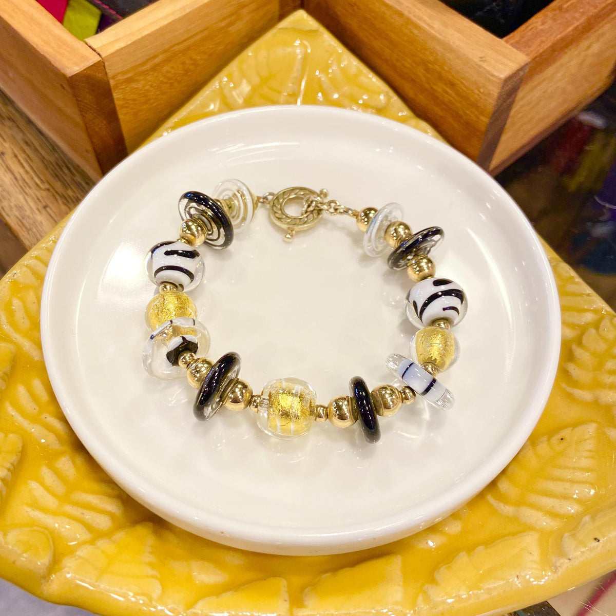 Bracelet - Black & White & Gold Leaf - Glass Beads & Gold Plate