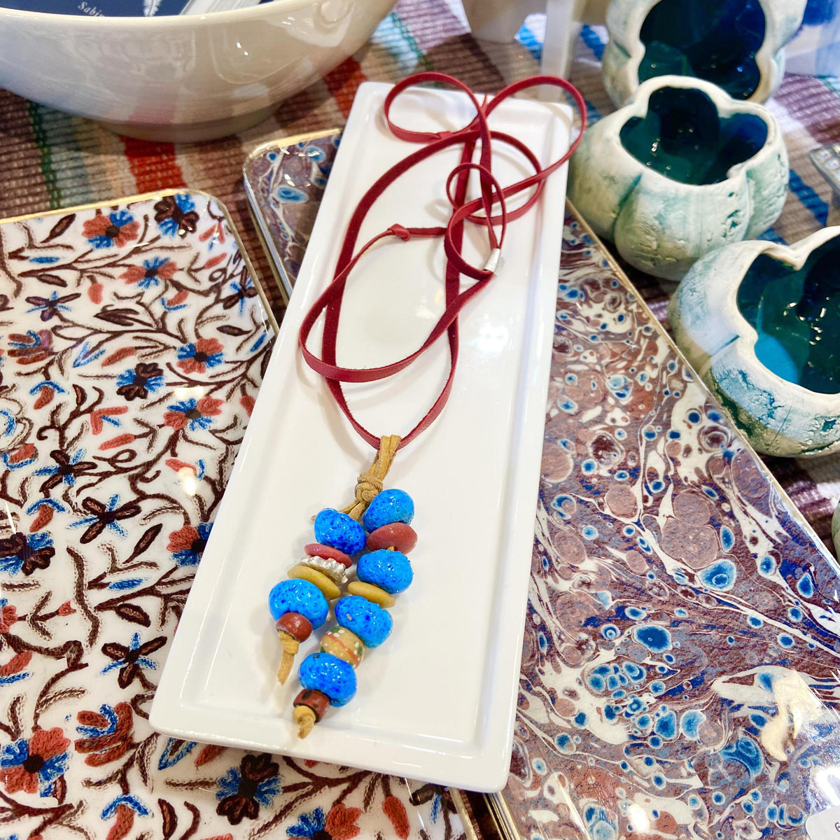 Necklace - Sterling/Leather/African Trade Beads/Donkey Beads