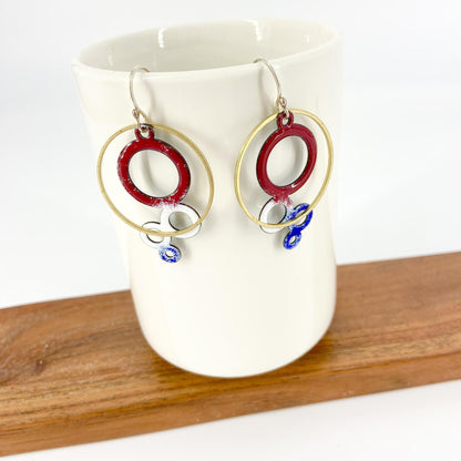 Earrings - Red/White/Blue Bubbles - Enamel on Copper