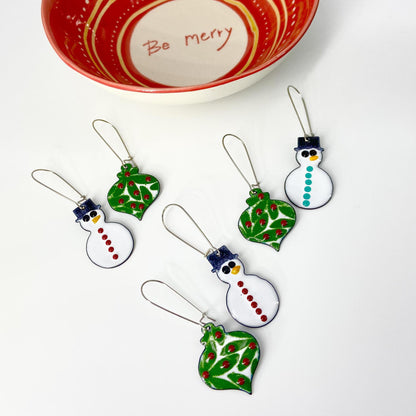 Earrings  - Snowman & Ornament - Enamel on Copper