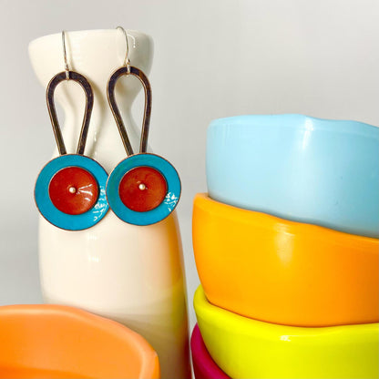 Earrings  - "Spinner" - Enamel on Copper - Turquoise/Mauve