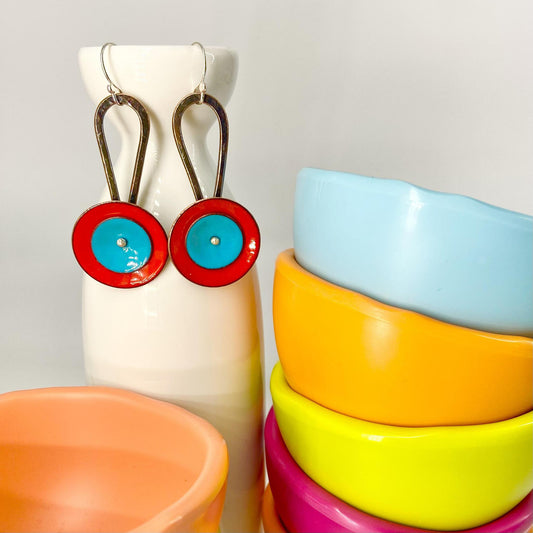 Earrings  - "Spinner" - Enamel on Copper - Red/Turquoise