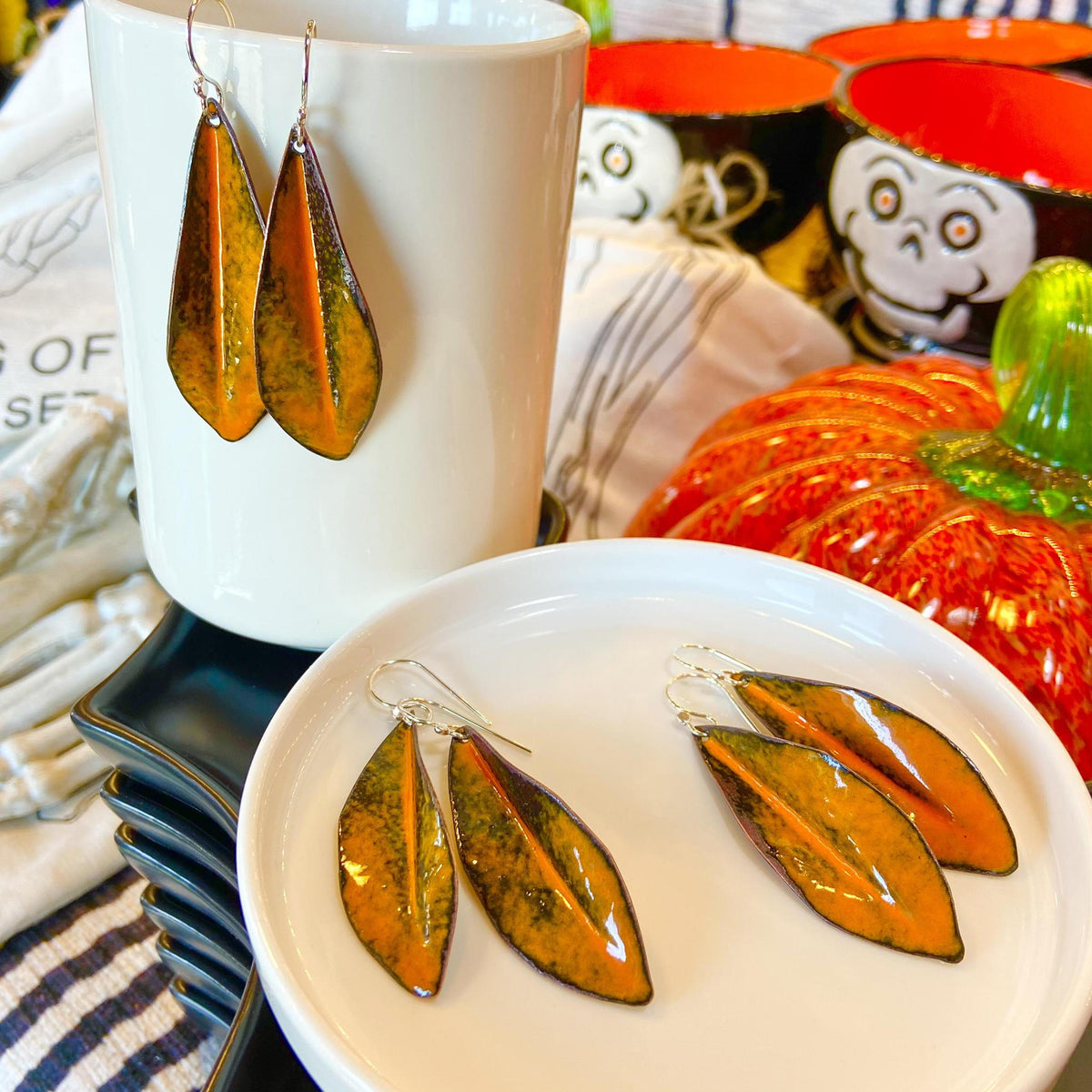 Earrings  - Orange Leaves - Enamel on Copper