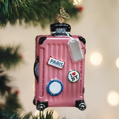 Ornament - Blown Glass - Pink Rolling Suitcase