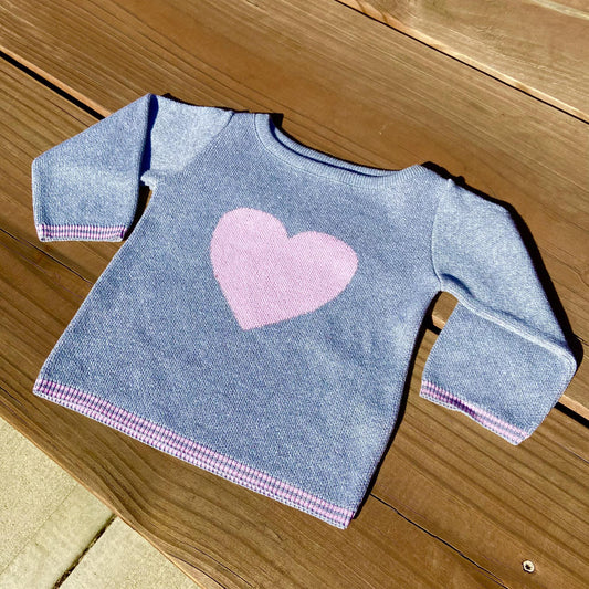Baby Sweater - Grey with Pink Stripes & Pink Heart - 18 Month