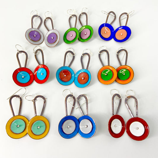 Earrings  - "Spinner" - Enamel on Copper - Dark Red/White