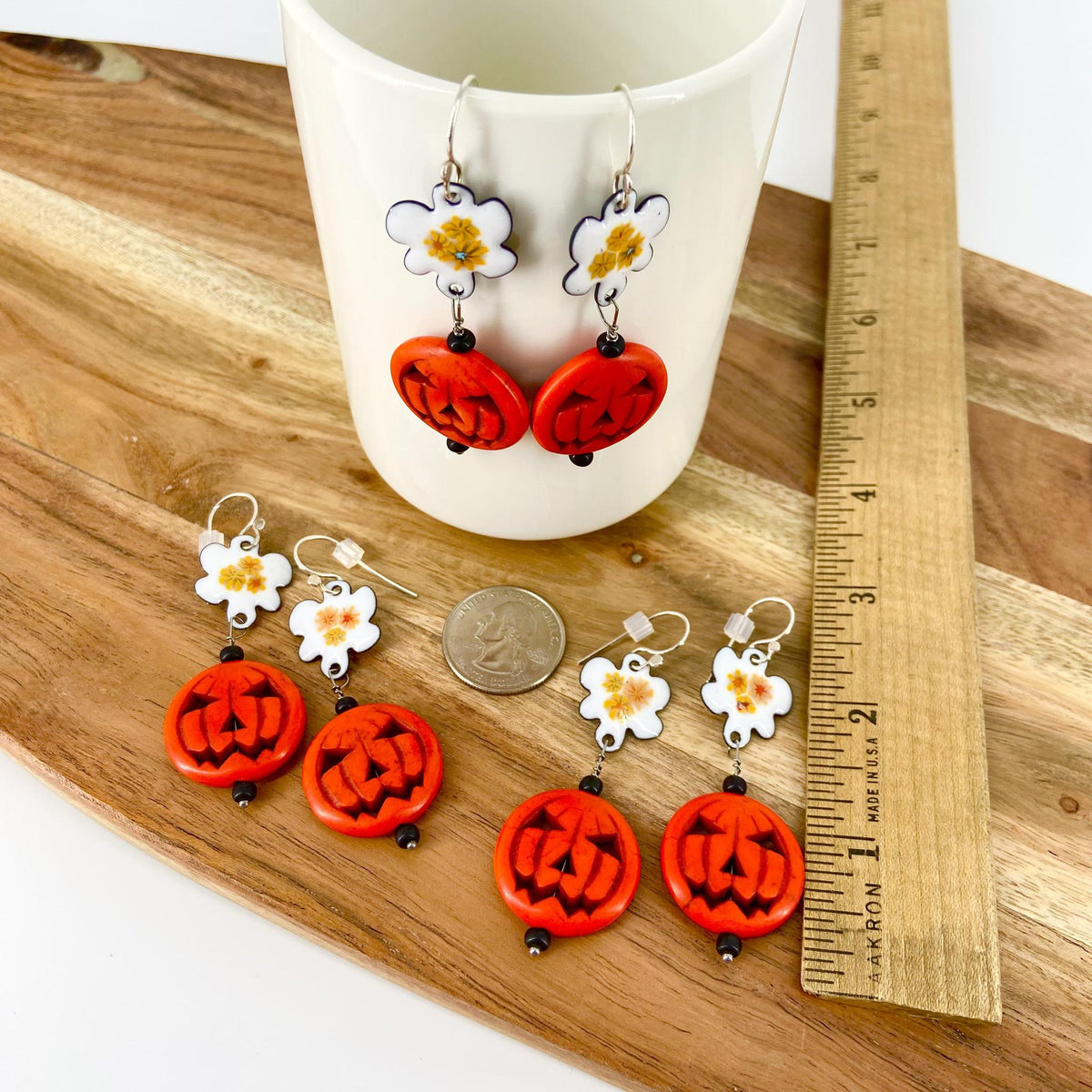 Earrings  - Autumn Flowers & Carved Pumpkin - Enamel on Copper