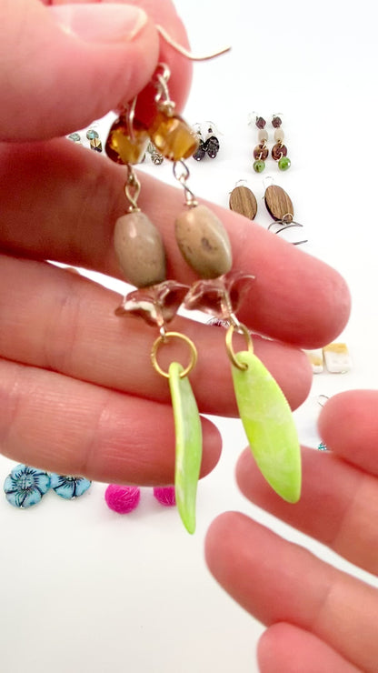 Earrings - Vintage Bead Originals - Green Leaf
