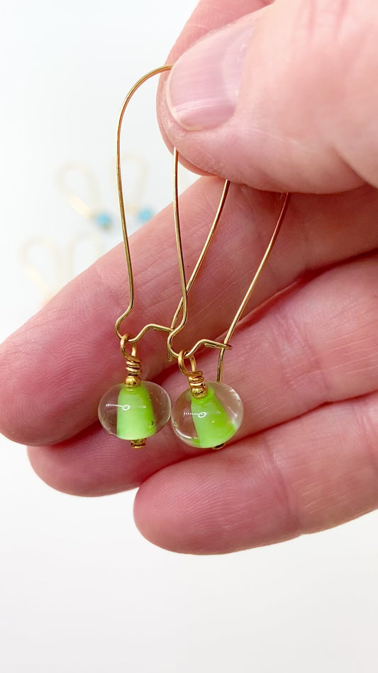 Earrings - Encased Lime Green - Glass & Goldfill Long Wire (Video)