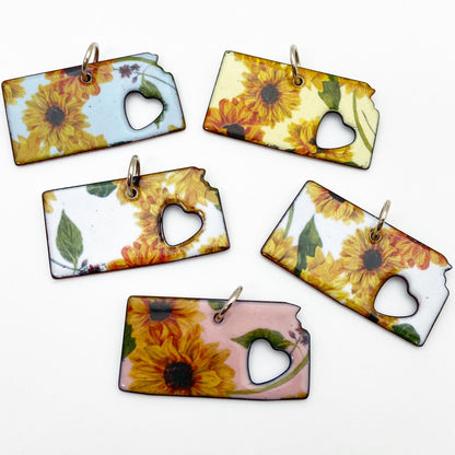 Pendant - Kansas Shape with Sunflowers on Pink - Enamel on Copper