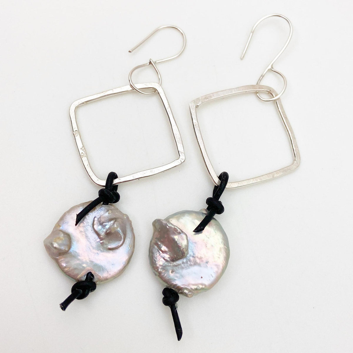 Earrings - Coin Pearl with Sterling Diamonds and Leather