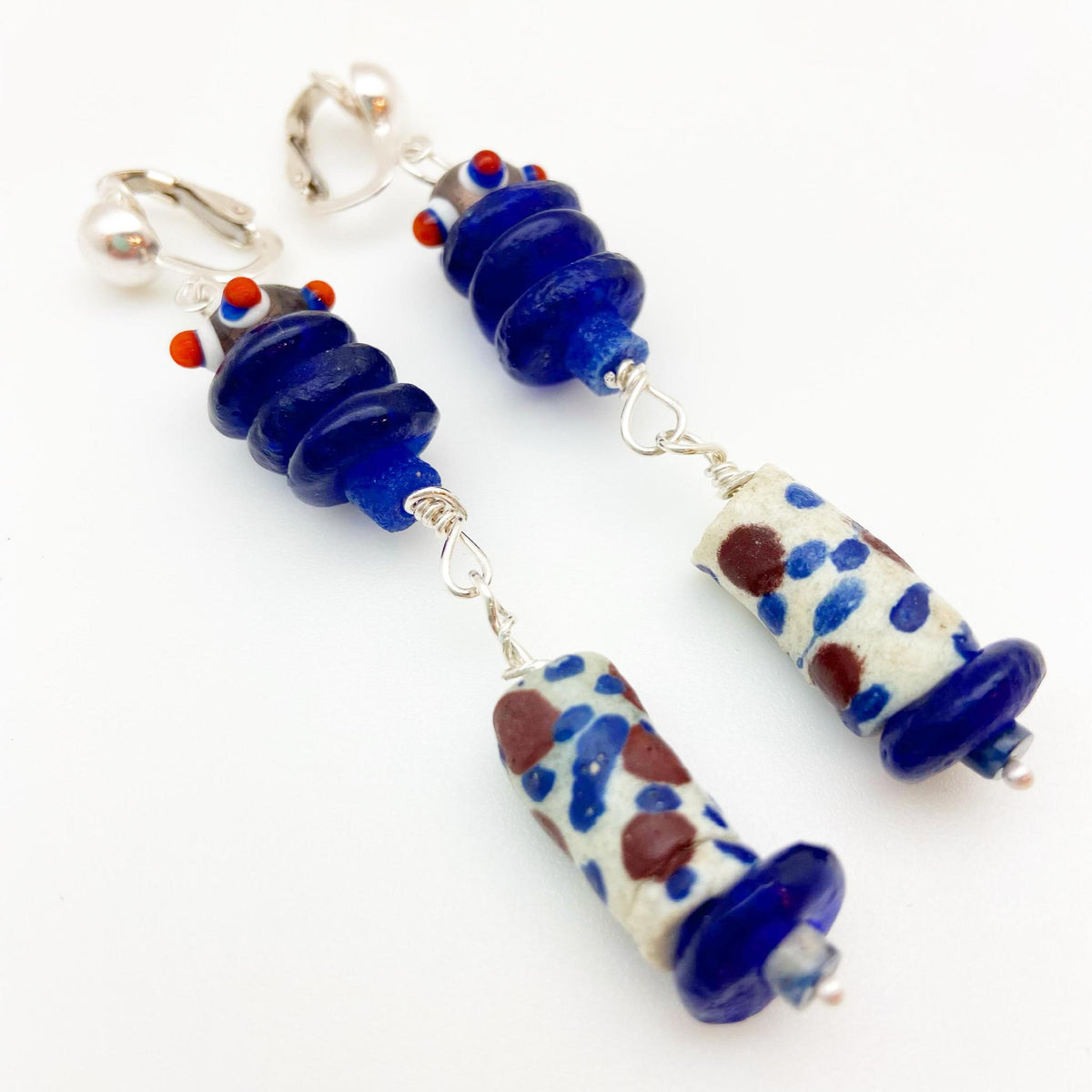 Clip Earrings - African Trade Beads on Sterling