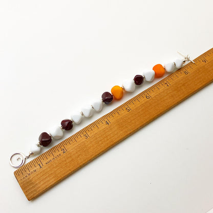 Bracelet - Wine Red, Orange, and White Geometric Glass Beads - Handmade Glass