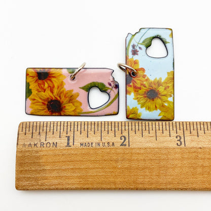 Pendant - Kansas Shape with Sunflowers on Pink - Enamel on Copper