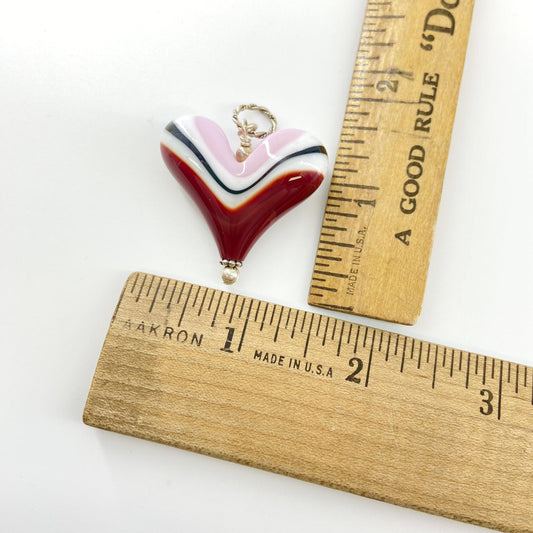 Pendant - Pink & Maroon Stripe Heart - Handmade Glass