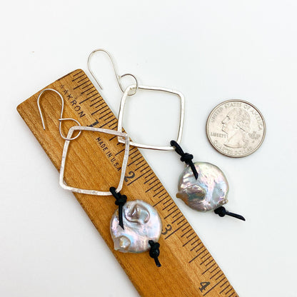 Earrings - Coin Pearl with Sterling Diamonds and Leather