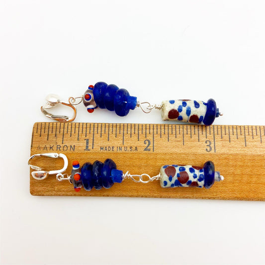 Clip Earrings - African Trade Beads on Sterling