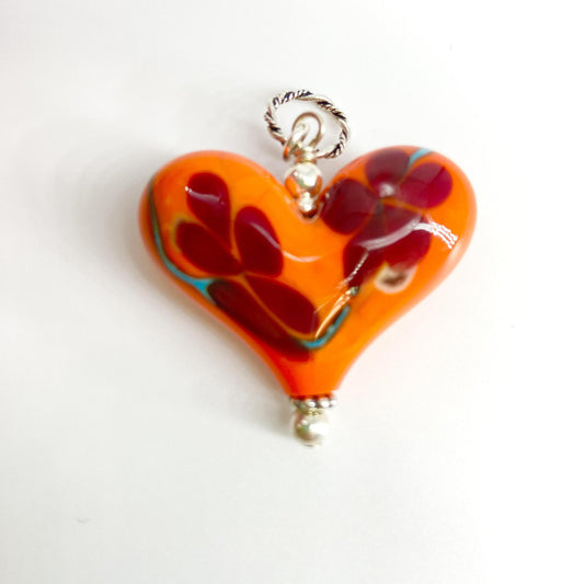Pendant - Abstract Floral Heart - Red on Orange - Handmade Glass